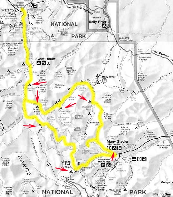 yellow marks the Highline Trail / Ptarmigan Tunnel, North Circle red arrows point to our recommended campgrounds